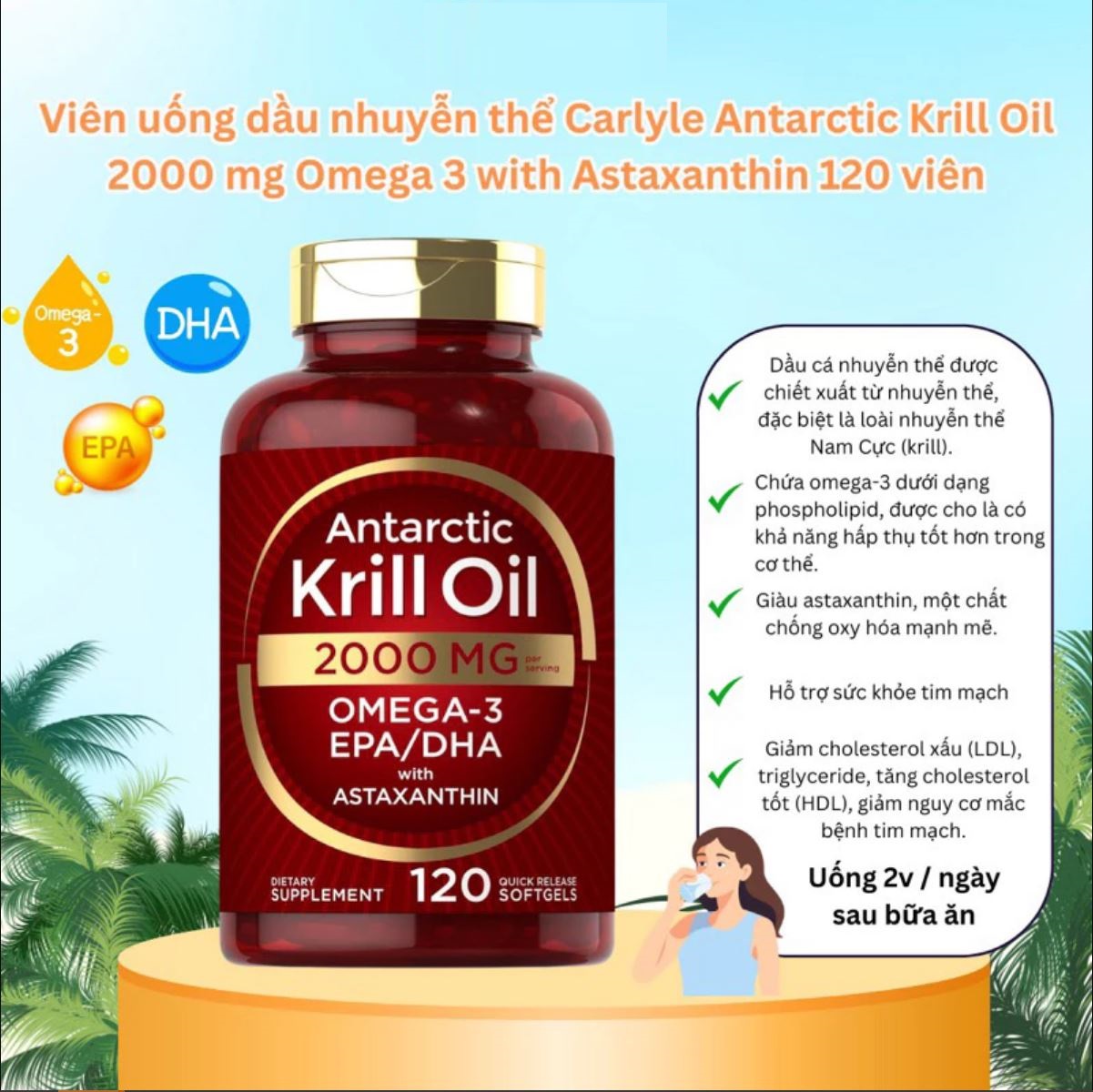 Dầu Cá Nhuyễn Thể Carlyle Antarctic Krill Oil 2000 mg Omega 3 with Astaxanthin 120 viên